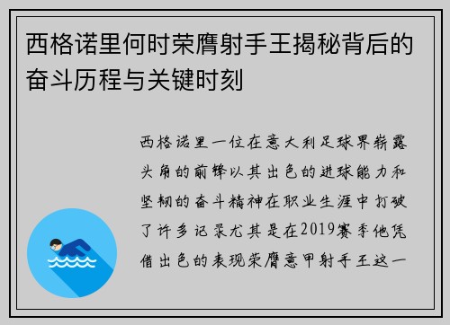 西格诺里何时荣膺射手王揭秘背后的奋斗历程与关键时刻