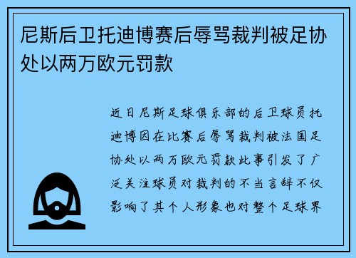 尼斯后卫托迪博赛后辱骂裁判被足协处以两万欧元罚款